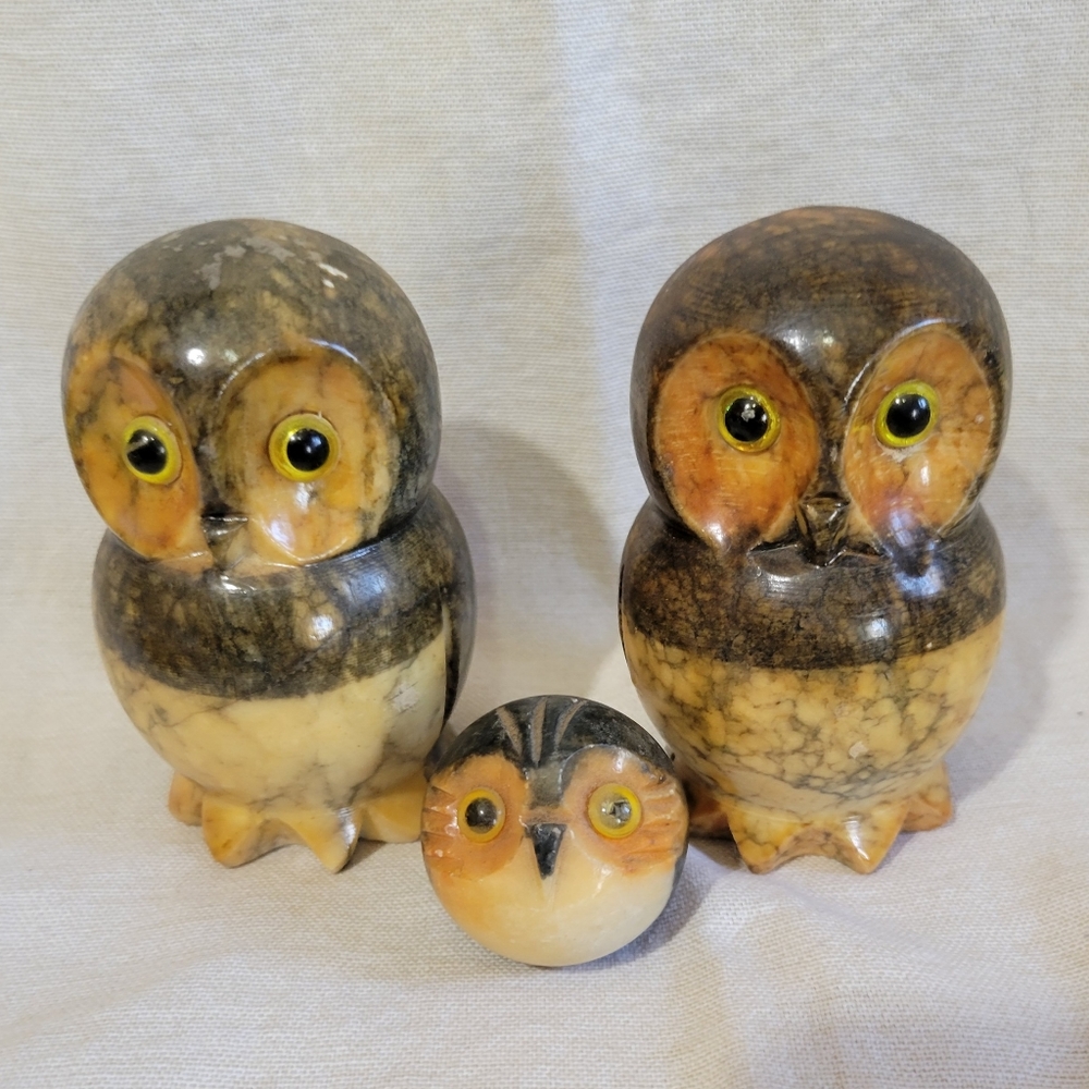 Set of 3 Vintage Italian Hand Carved Alabaster Owl Family